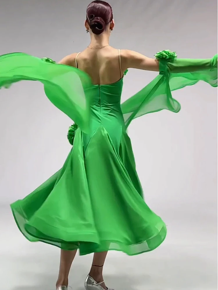 Ballroom Dans Jurk Vrouwen Zomer Standaard Moderne Dans Outfit Groene Dansvoorstelling Jurken Wals Competitie Kostuums 2409