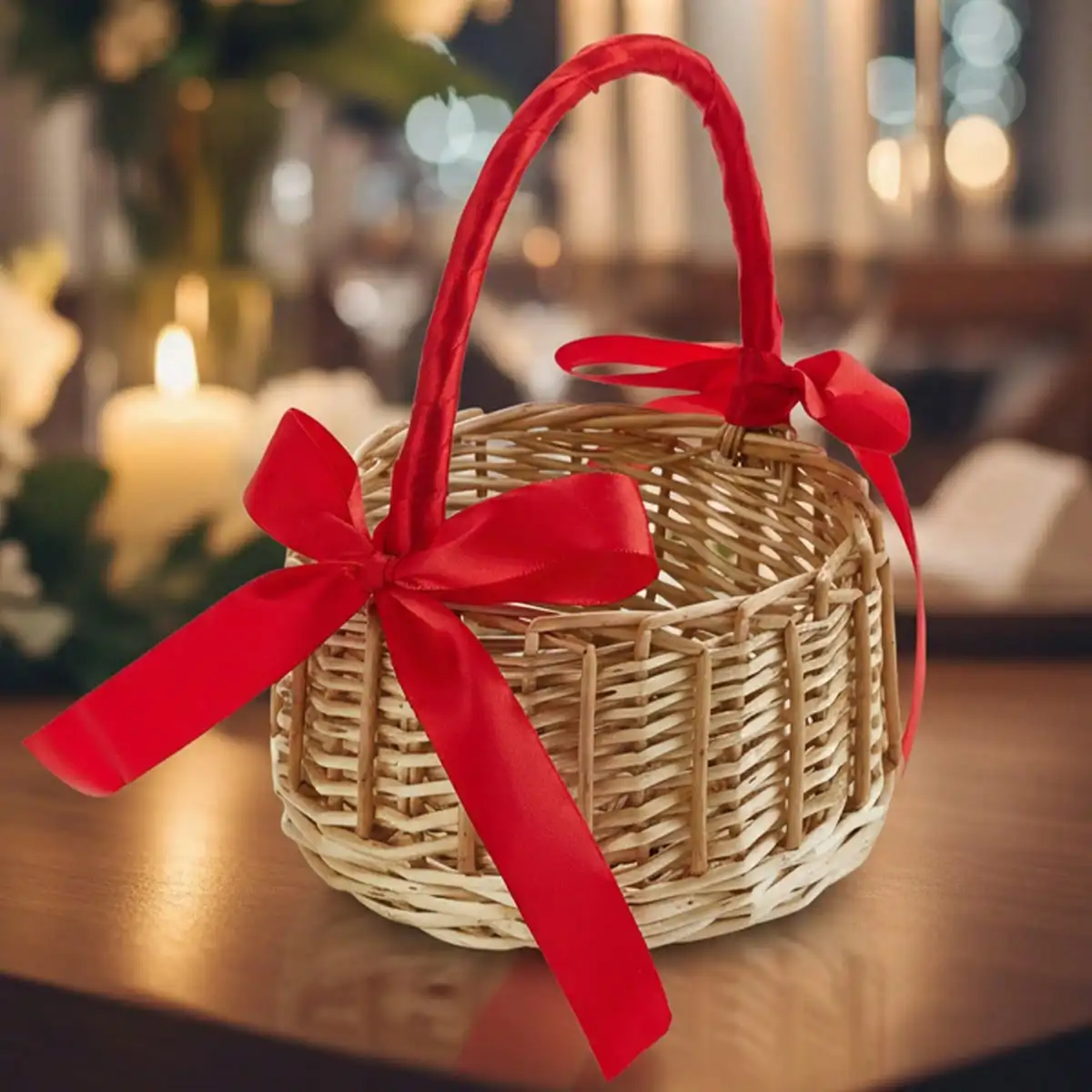 Wicker Rattan Flower Girl Basket With Bows Elegant Rustic Bows Large Capacity Lightweight Portable Basket For Storage, Wedding Flower Girl Basket And Home Decorations