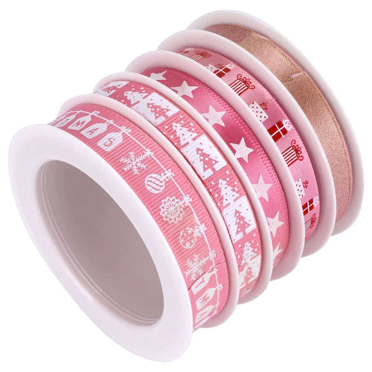 

5 Rolls Christmas Printed Decorative Ribbon Pink Holiday Gift Wrap DIY Crafts Floral Party Bows Streamers Decoration