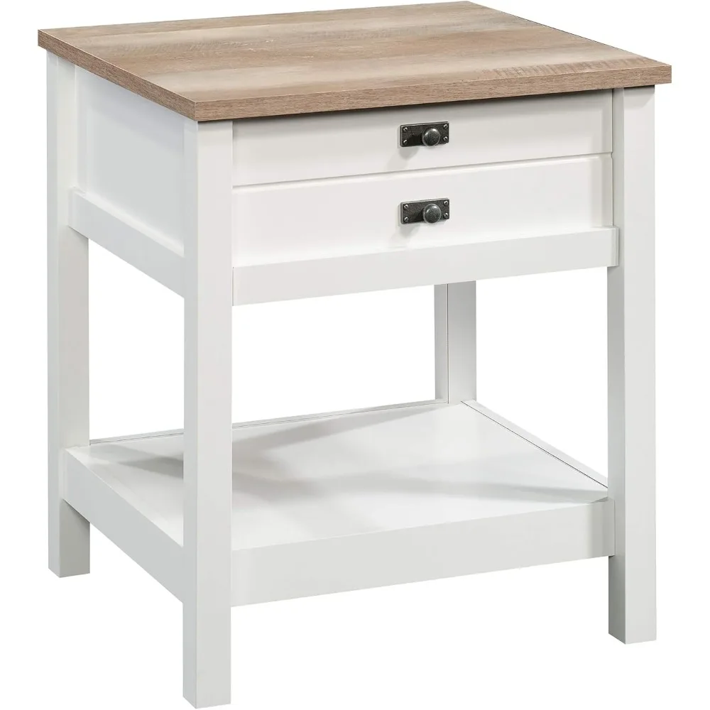 

Bedside Table, Farmhouse Style, Soft White, Oak Tabletop