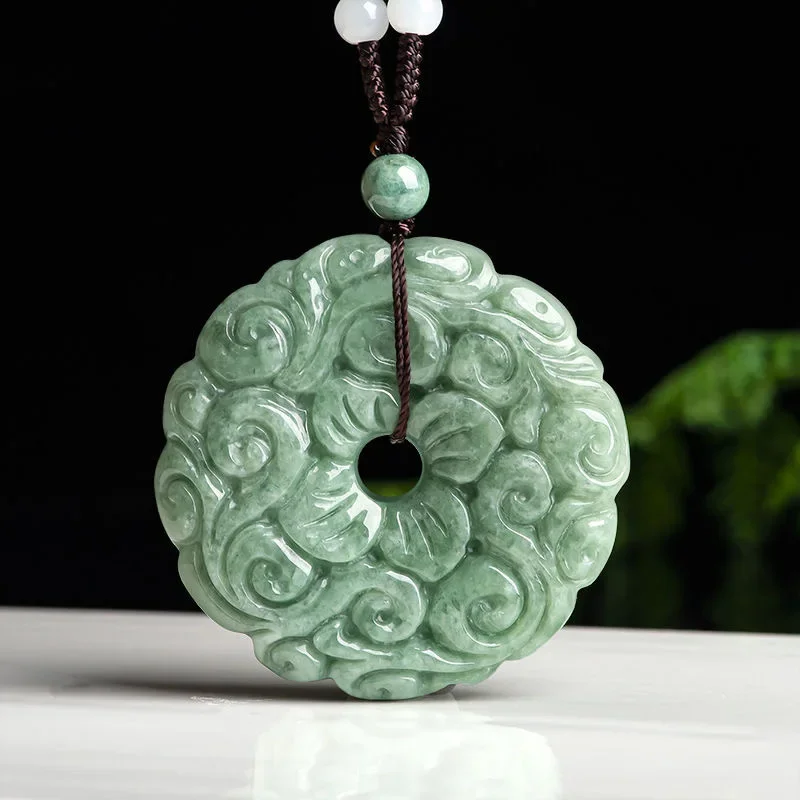 Natural Jadeite Burmese Emerald Flower Blossoming Wealth Pendant Jewelry Necklace Green Jewellery Hand-Carved Man Amulet Gifts