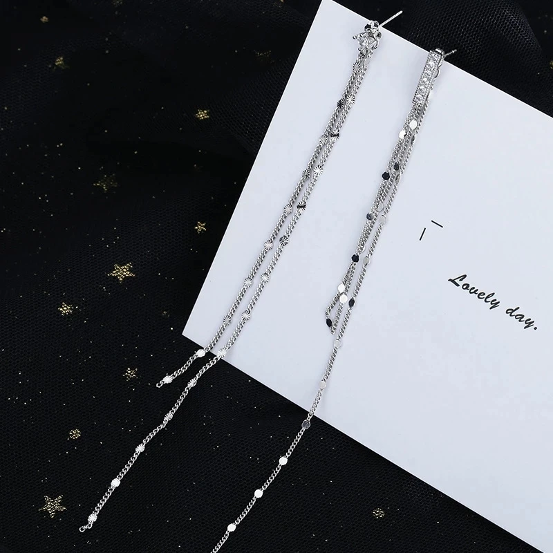 Minimalistischen 925 Sterling Silber Lange Kette Quaste Asymmetrische Ohrringe Trendy Zirkonia Strass Frauen Schmuck