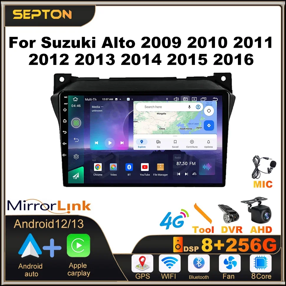 

SEPTON 4G Net 8+128G Android 12 Car Radio for Suzuki Alto 2009-2016 Wireless CarPlay GPS Player 8Core Head Unit Screen for Car