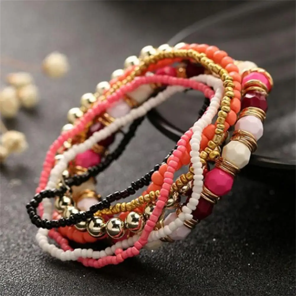 7Pcs/Set Women Boho Bracelets Bohemian Mix Style Multilayer Elastic Beaded Bracelets for Banquet Party Boho Jewelry Accessories