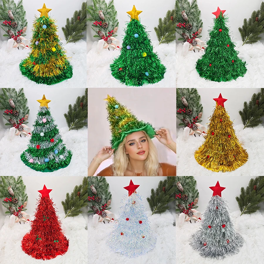 Christmas Tree Hats Fabric Rain Silk Hat for Adults Kids Funny Santa Hat with Tinsel Xmas Holiday Party Costume New Year Decor