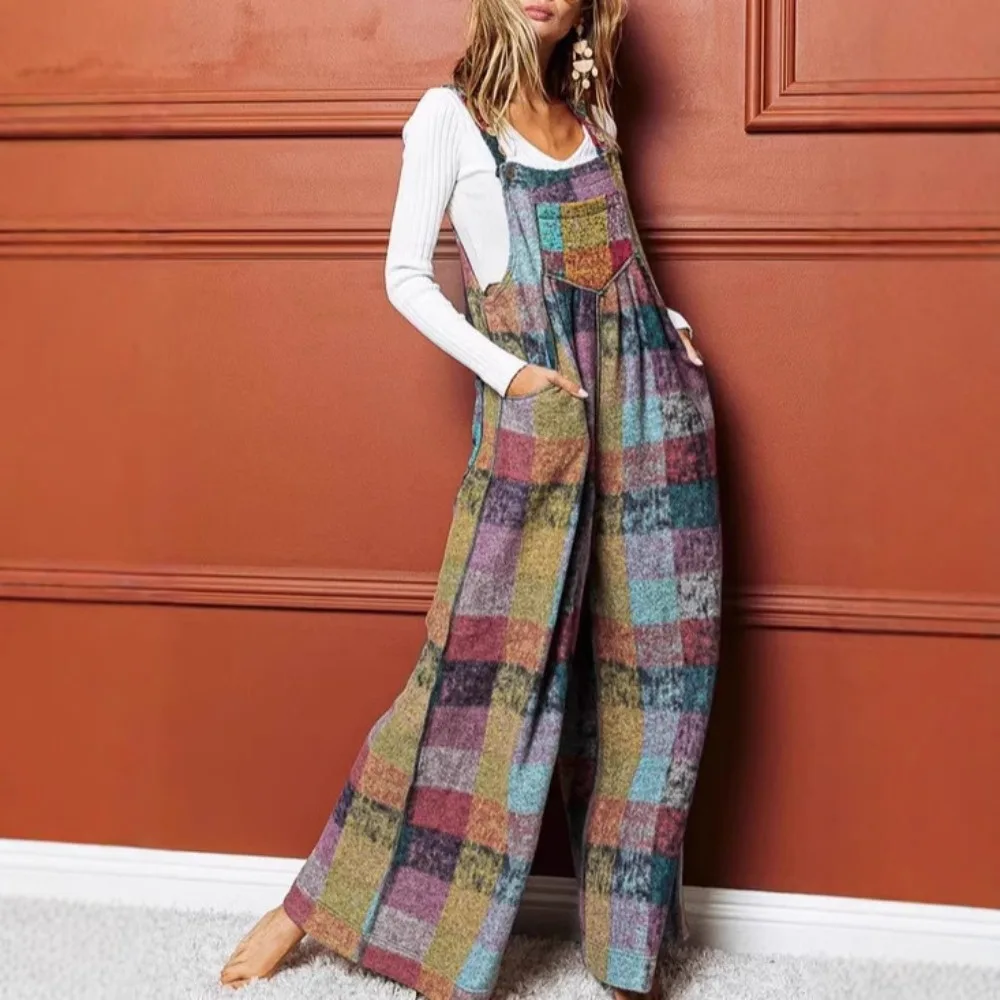 Women's New European Style Fleece Plaid Jumpsuit Multi-color Wide Leg Cargo Romper Casual Ladies One Piece Outfit