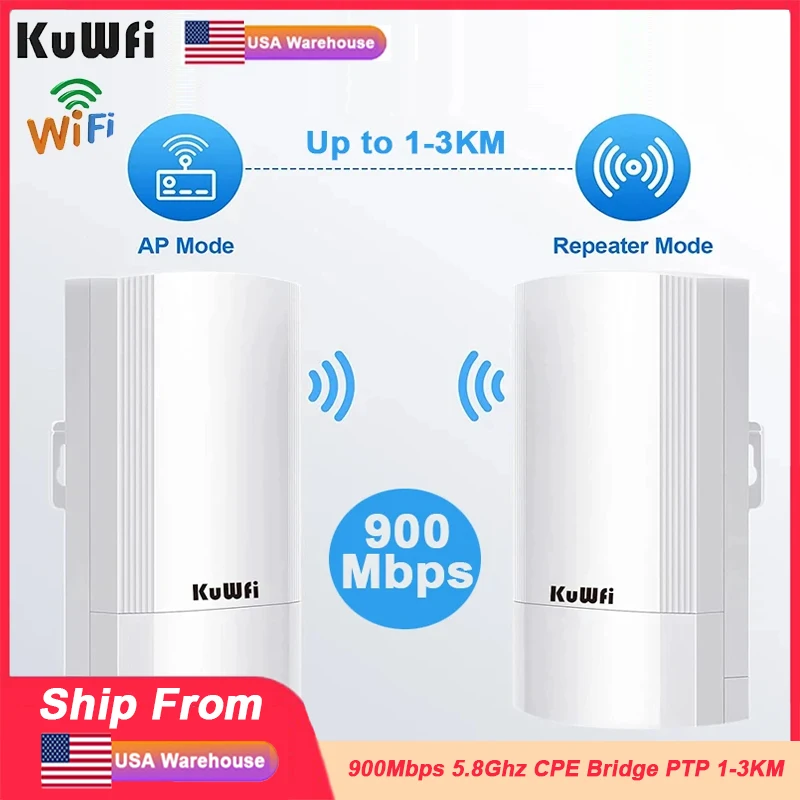 KuWFi 야외 CPE 브리지 900Mbps 무선 와이파이 라우터 AP 리피터 모드, PTP 장거리, 최대 1-3km, 24V, POE IP65 방수, 5.8G