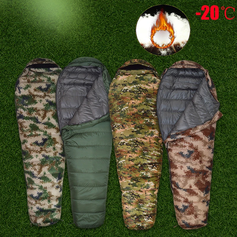 Warm White Duck Down Adult Mummy Sleeping Bag Mountain Jungle Military Cold Proof Double Sleeping Bag Travel Camping Equipments