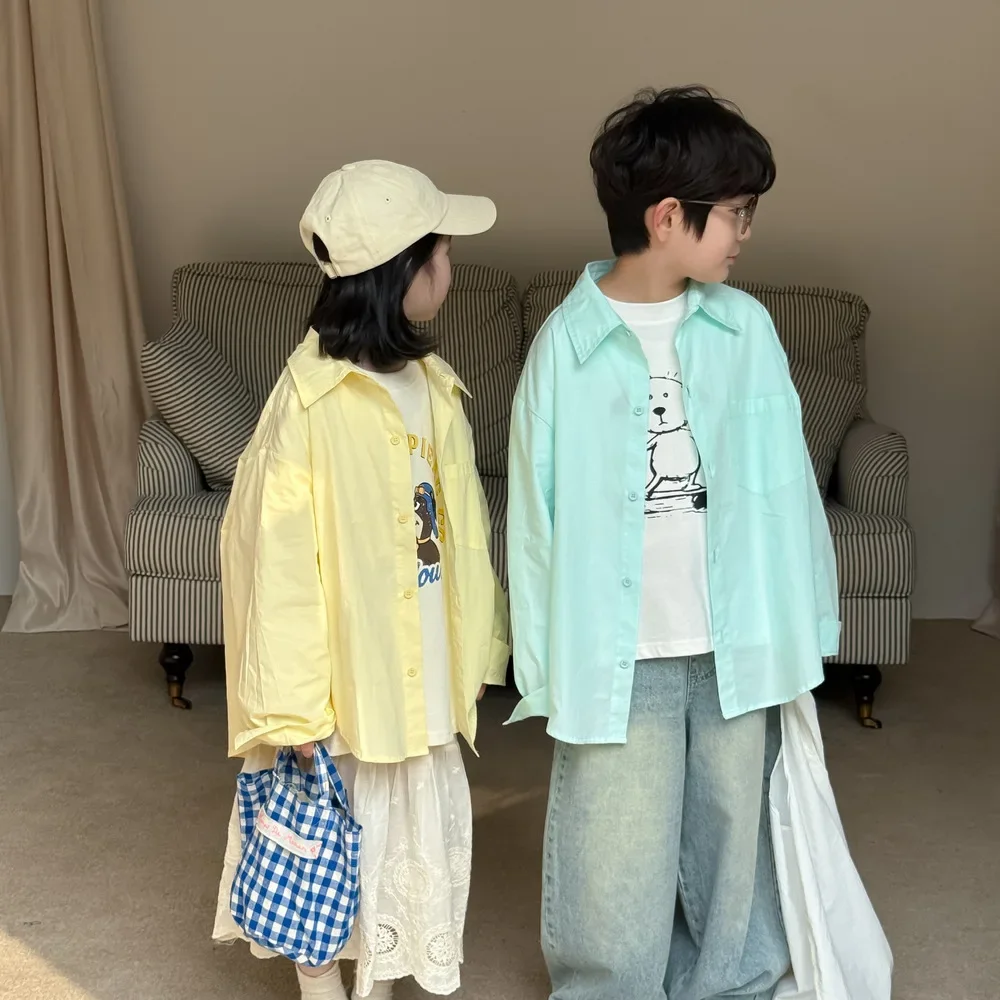 Children Clothes Kids Casual Solid Color Shirt 2025 Spring Boys and Girls Korean Style Casual Loose Long-sleeved Shirt Coat