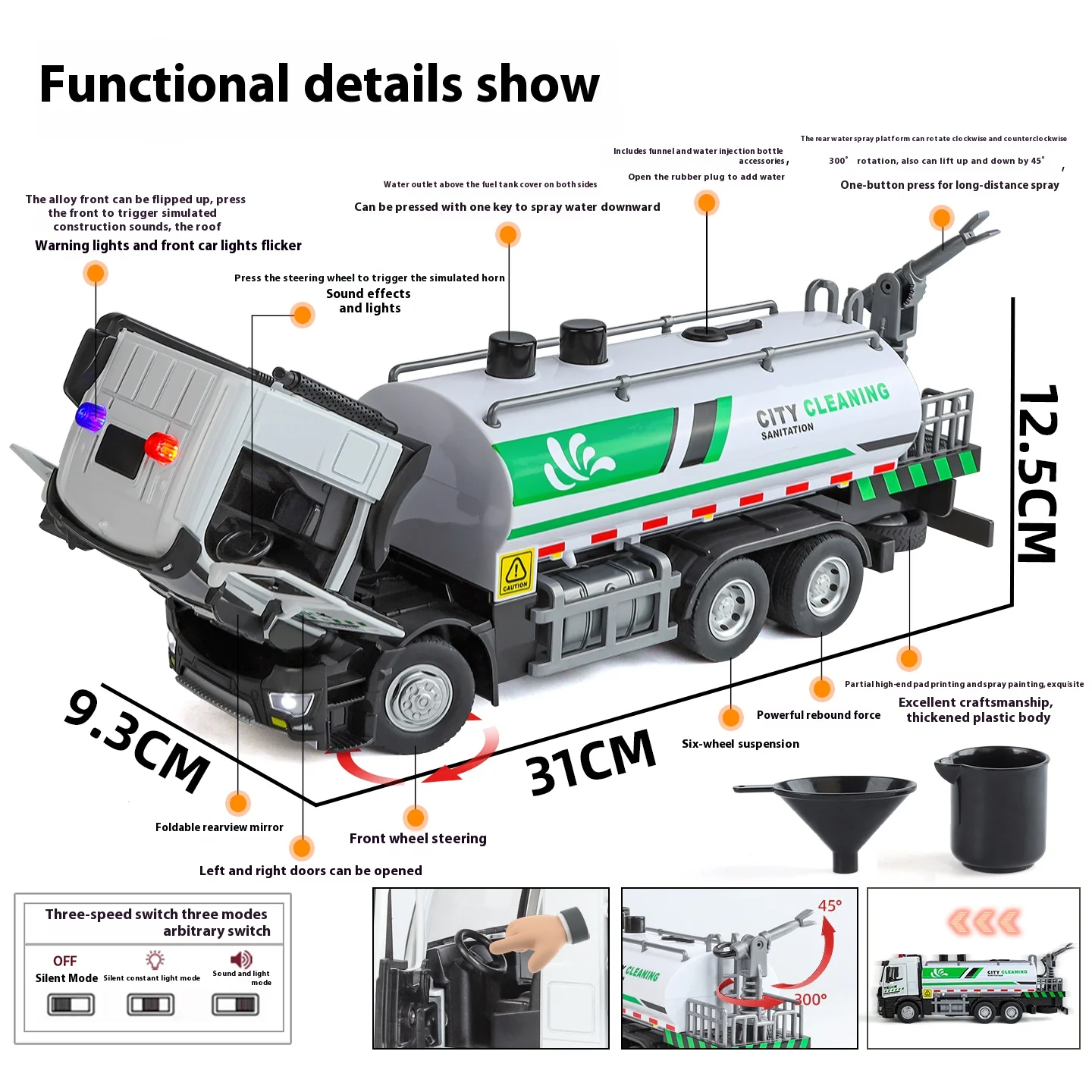 Large city sprinkler truck model metal die casting simulation sound and light children's toy engineering car Christmas gift