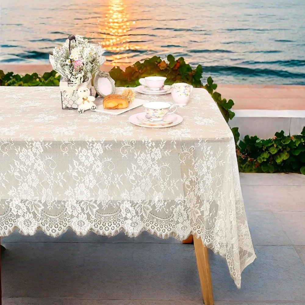 

5 Pc Wedding Table Cloth Vintage Embroidered Lace Fabric for Spring Summer Outdoor Tea Party Reception Dinner Home Decor