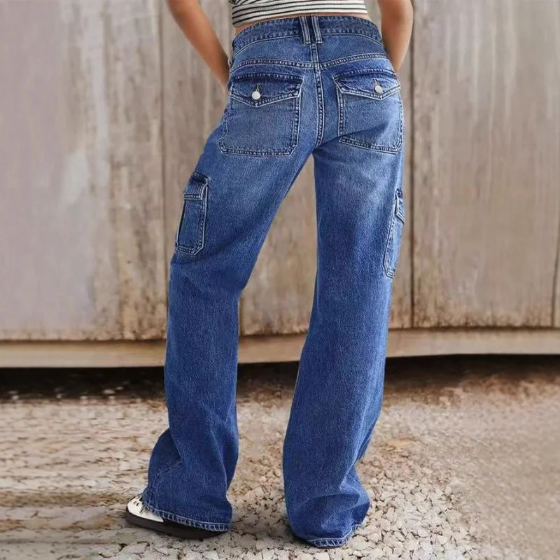 Women Mid Waist Straight Cargo Jeans Stretch Multi Pockets Versatile Trendy Loose Long Pants European American Style Streetwear