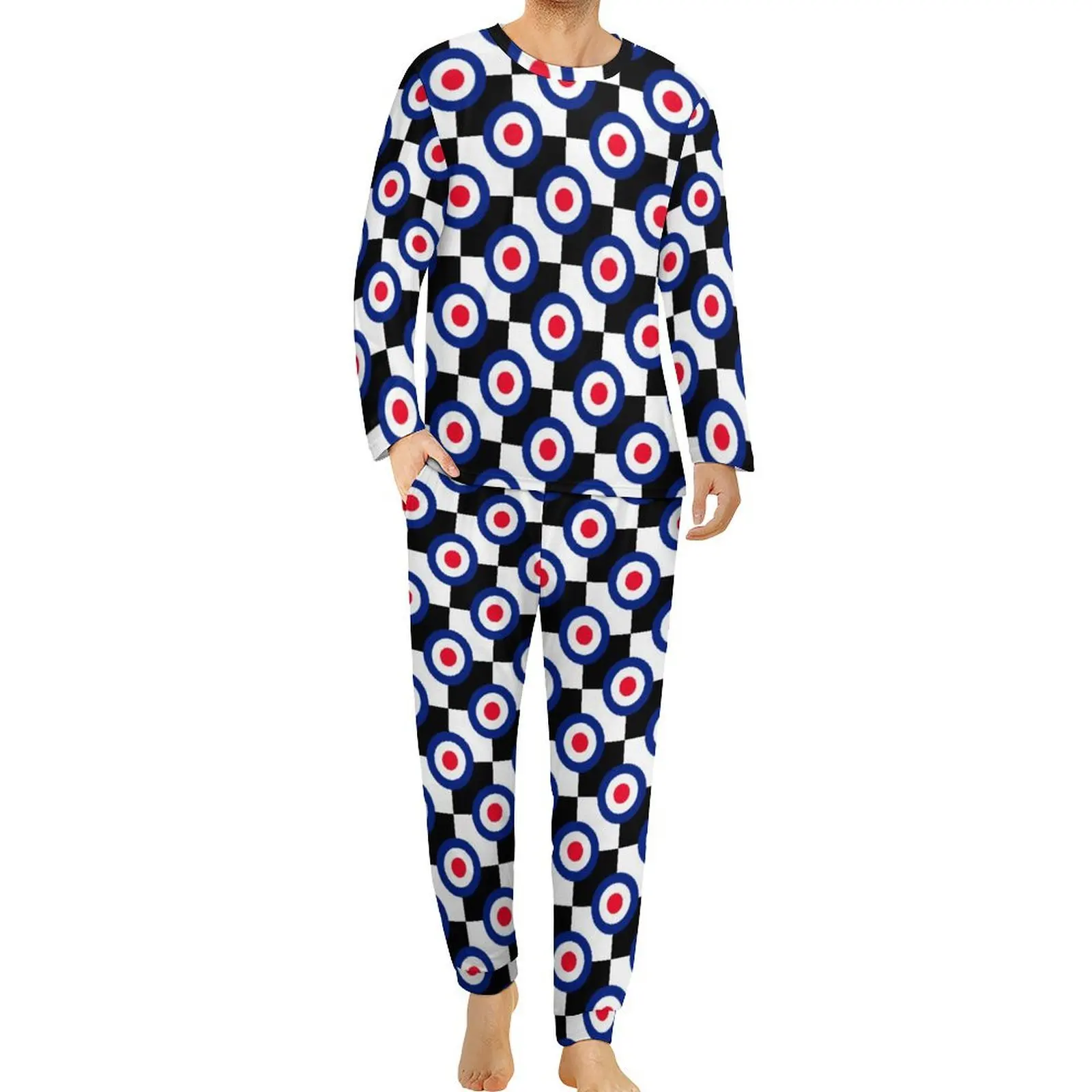 Retro Mod Print Pajamas Winter Roundels Checkers Home Home Suit Men Two Piece Custom Long Sleeve Kawaii Oversized Pajama Sets