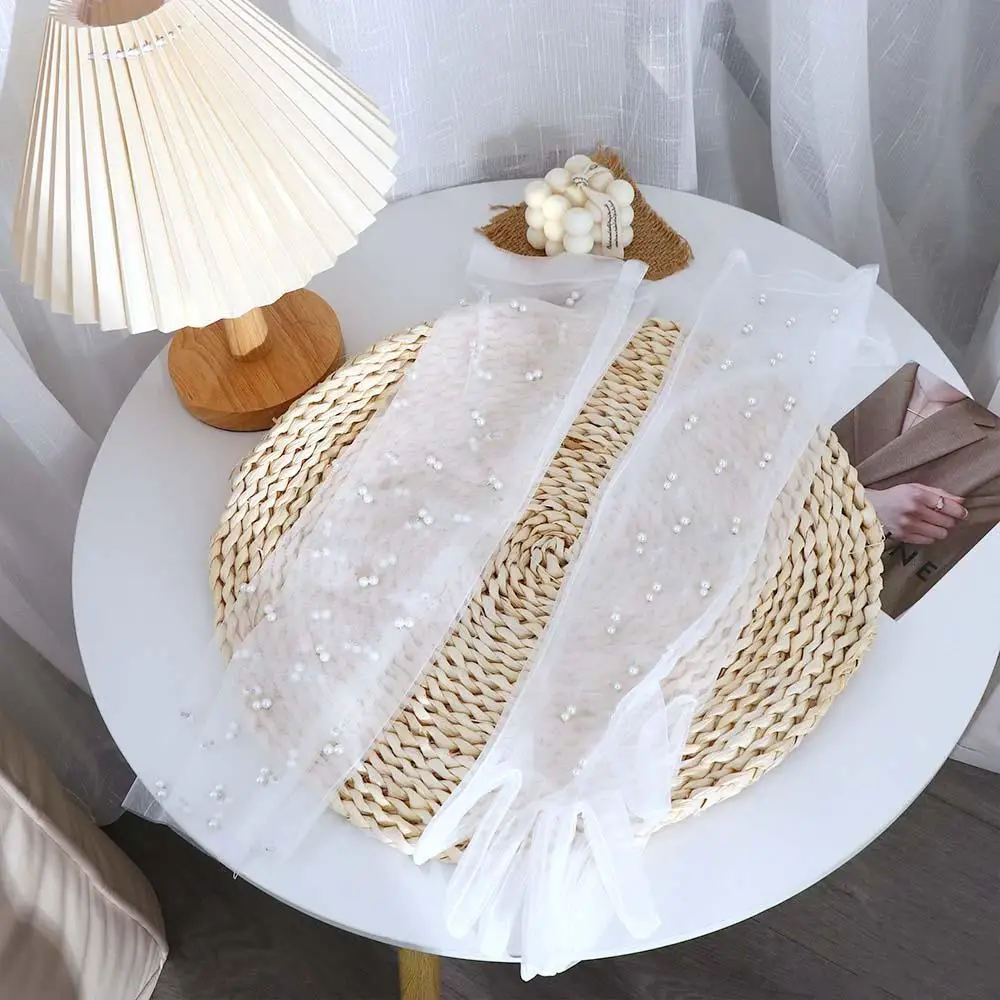 

Elegant Women Pearl Chiffon Lace Full Finger Gloves Fingerless Gloves Wedding Accessories Bridal Gloves