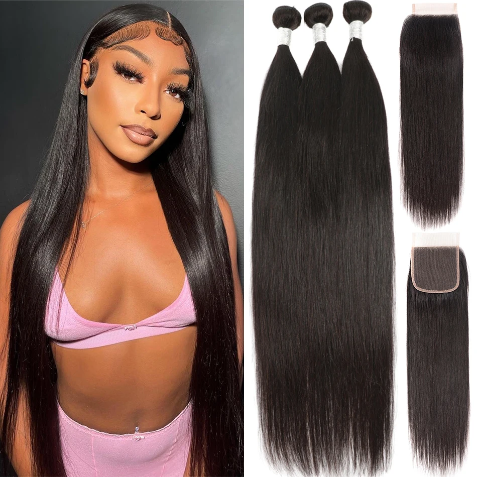 30 32Inch Peruvian Bone Straight Bundles With Closure Transparent 13x4 Lace Frontal With Bundles Hair Weave Bundles With Closure