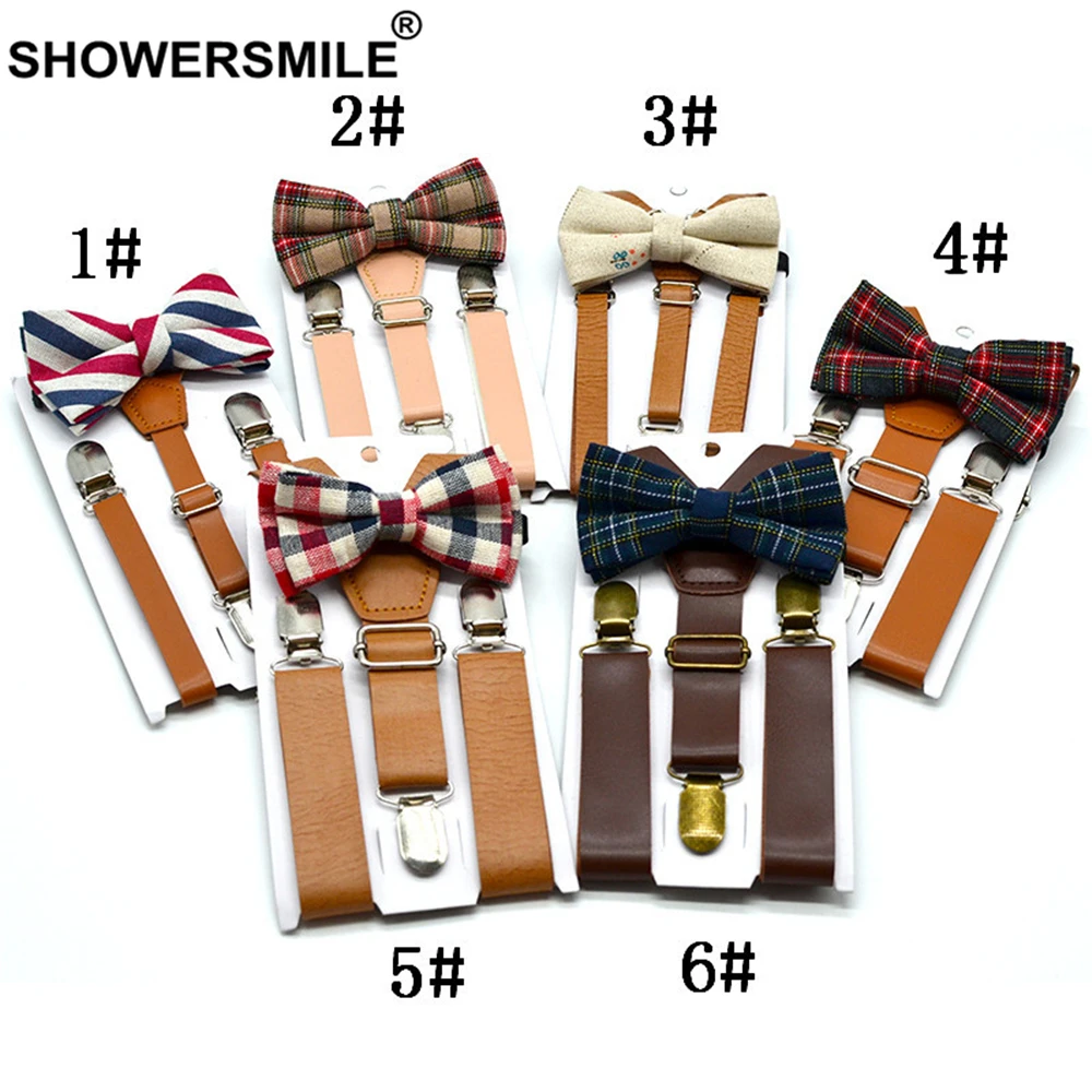 SHOWERSMILE Kids Suspenders With Bow Tie Leather British Style Boys Suspenders Vintage Wedding Brown Children Braces 75cm*2.5cm