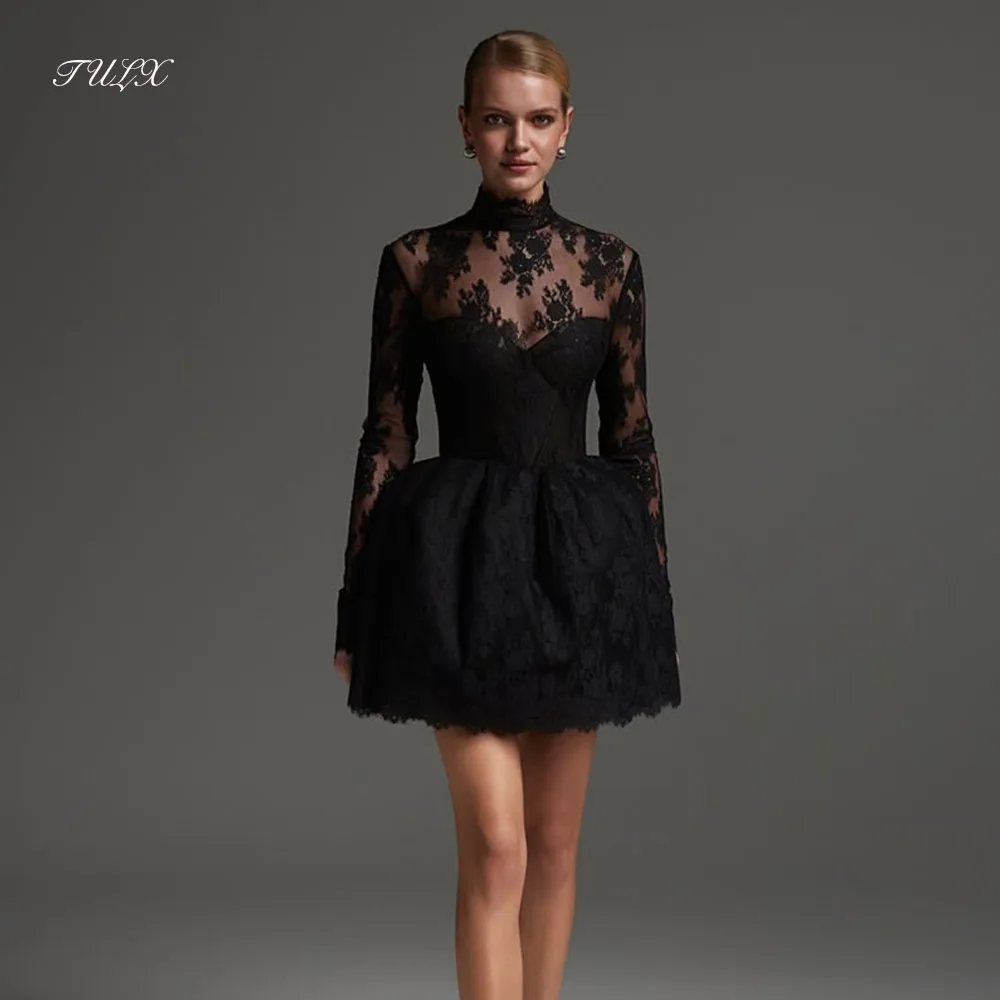 

TULX Black Lace Mini Prom Dress High Neck Long Sleeves Party Dress A line Short Above Knee Formal Cocktail Dress Customized 2026
