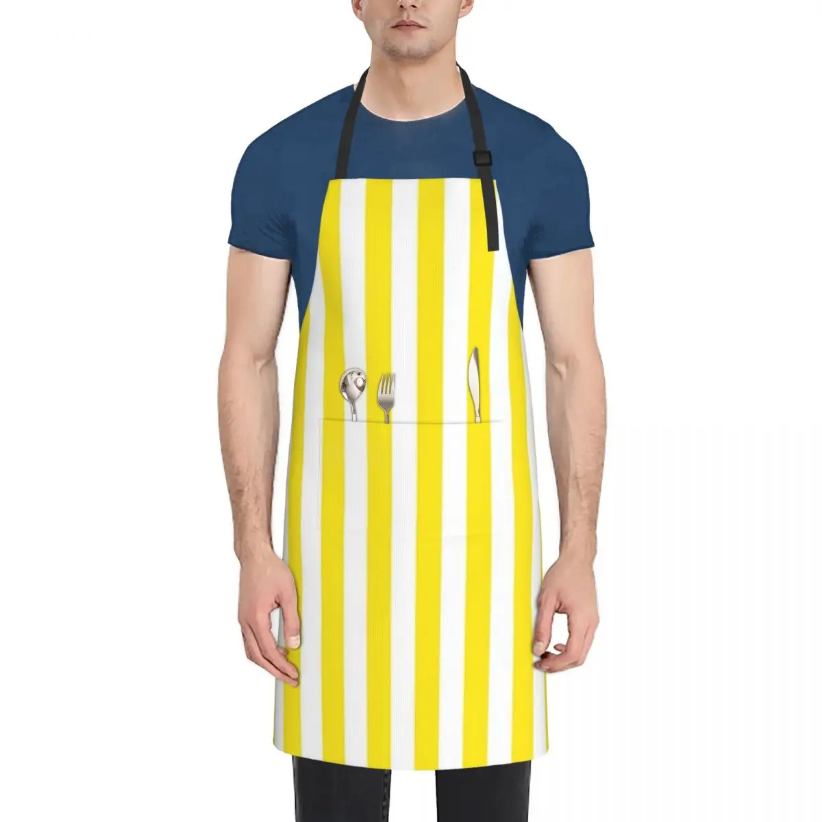 

Yellow And White Deckchair Stripe Pattern Waterproof Kitchen Apron For Women/Men With Pockets Work Restaurant Shop Waiter Work