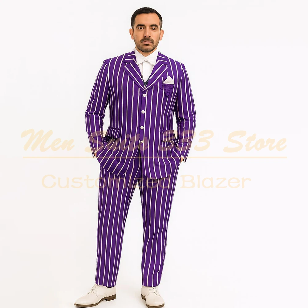 Elegant Stripe Men's Suits Customized Single Breasted Notch Lapel Slim Fit 2 Piece Jacket Pants Prom Party Full Sets Costume