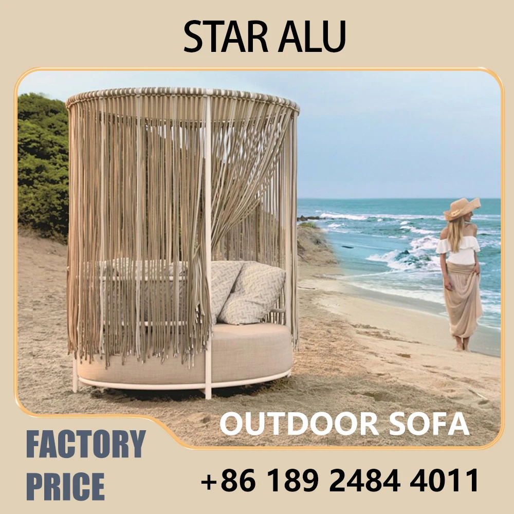 European Style Outdoor Round Daybed, Weatherproof PE Rattan Lounge Chair with Adjustable Canopy, Ideal for Patio Poolside Garden