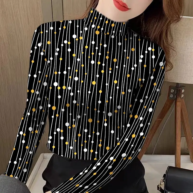 Women\'s New Pullover Half High Neck Bottom T-shirt Fashion Polka Dot Autumn Winter Commute Printed Long Sleeved Stripe Slim Tops