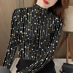 Women's New Pullover Half High Neck Bottom T-shirt Fashion Polka Dot Autumn Winter Commute Printed Long Sleeved Stripe Slim Tops