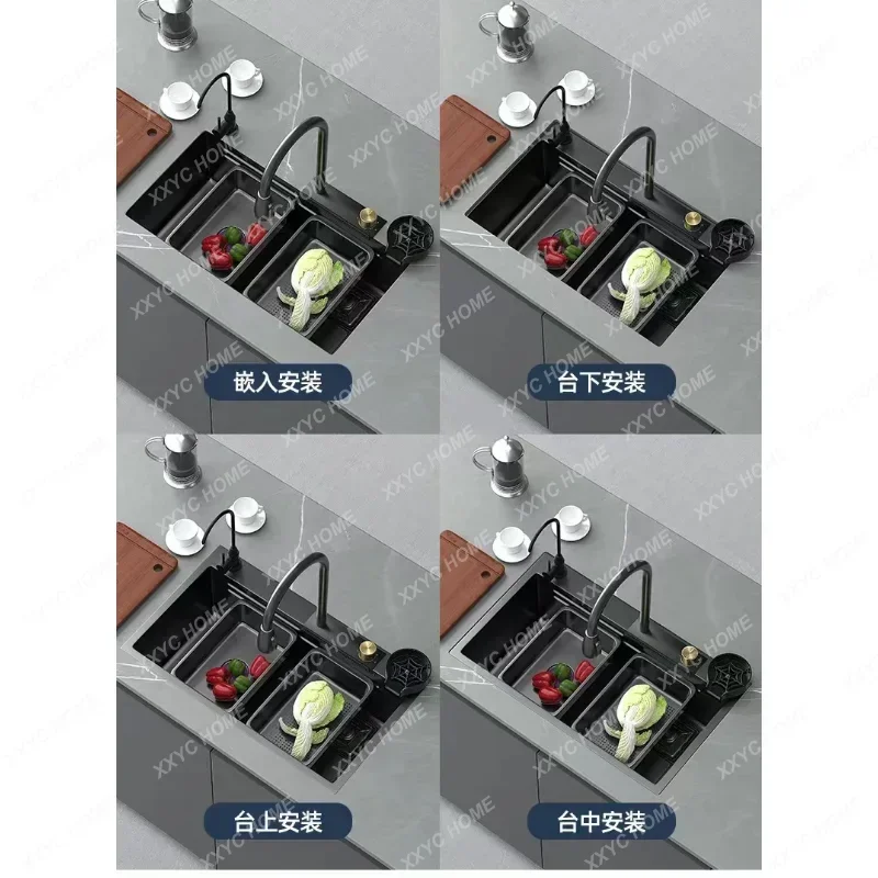 شلال مطبخ 30 بوصة نانو كبير بفتحة واحدة 304 حوض ستانلس ستيل مع حامل سكاكين #4