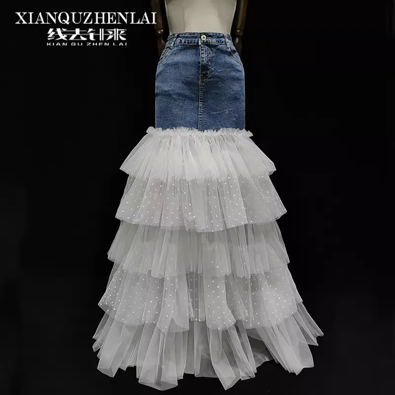 Korean 2025 Style Denim Skirt Mesh Spliced Fishtail Maxi Skirts for Women Long A-Line Skirt