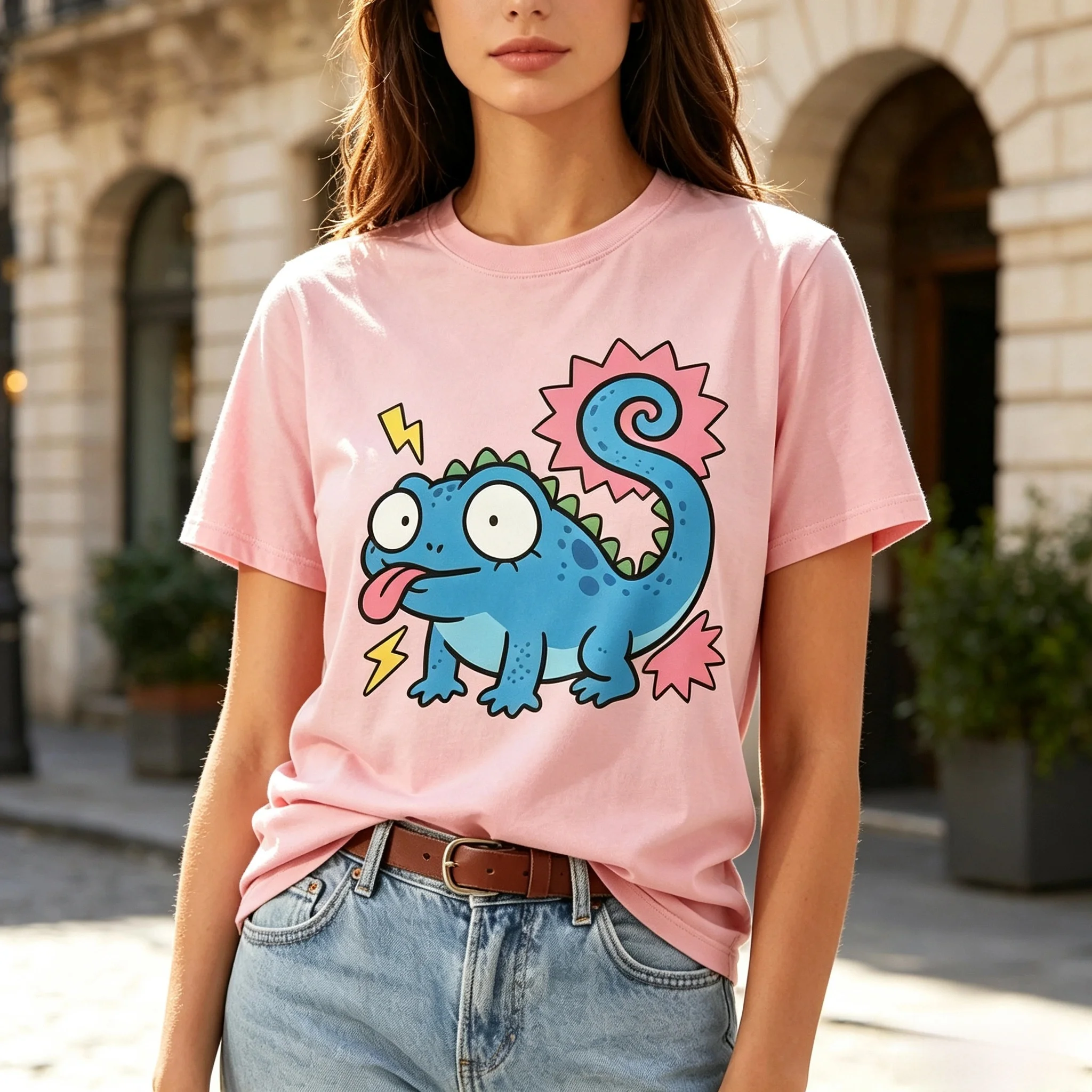 Cute Blue Chameleon Cartoon Graphic T-Shirt Pop Art Lightning Burst Fun Animal Casual Short Sleeve Tee