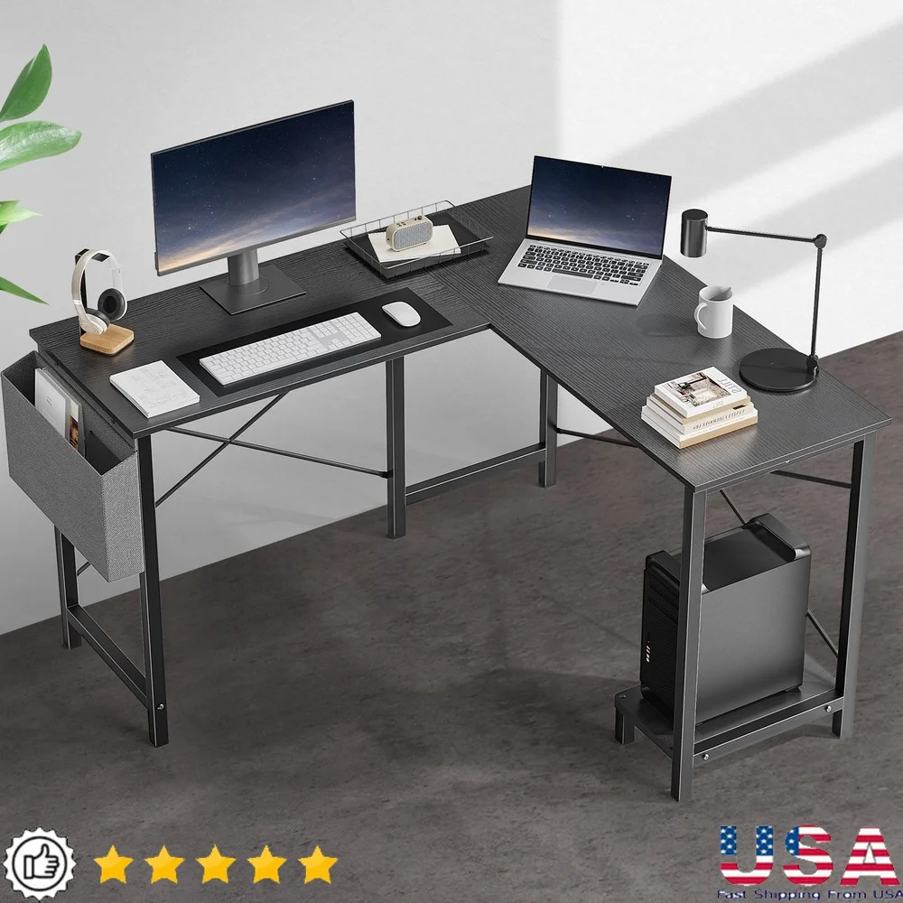 

L Shaped Computer Desk with Wooden Top CPU Stand Side Storage Bag Sturdy Metal Frame Easy Clean Home Office Study Desk