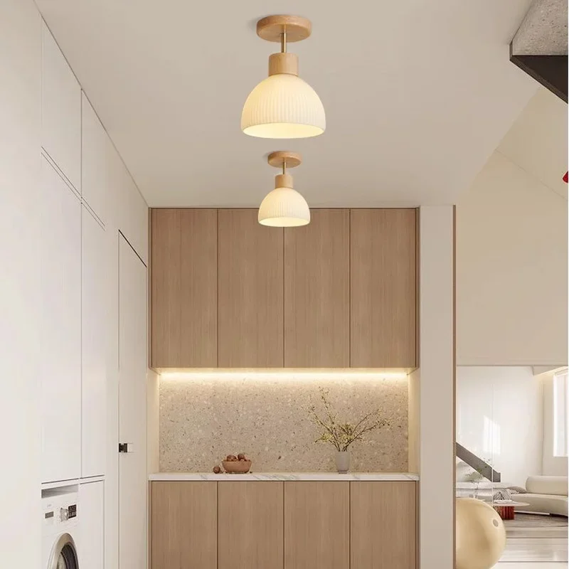 Nordic Wood Art Ceiling Lights Modern Striped Glass Corridor Ceiling Lamp For Kitchen Walkway Porch Indoor Lighting Lixtures