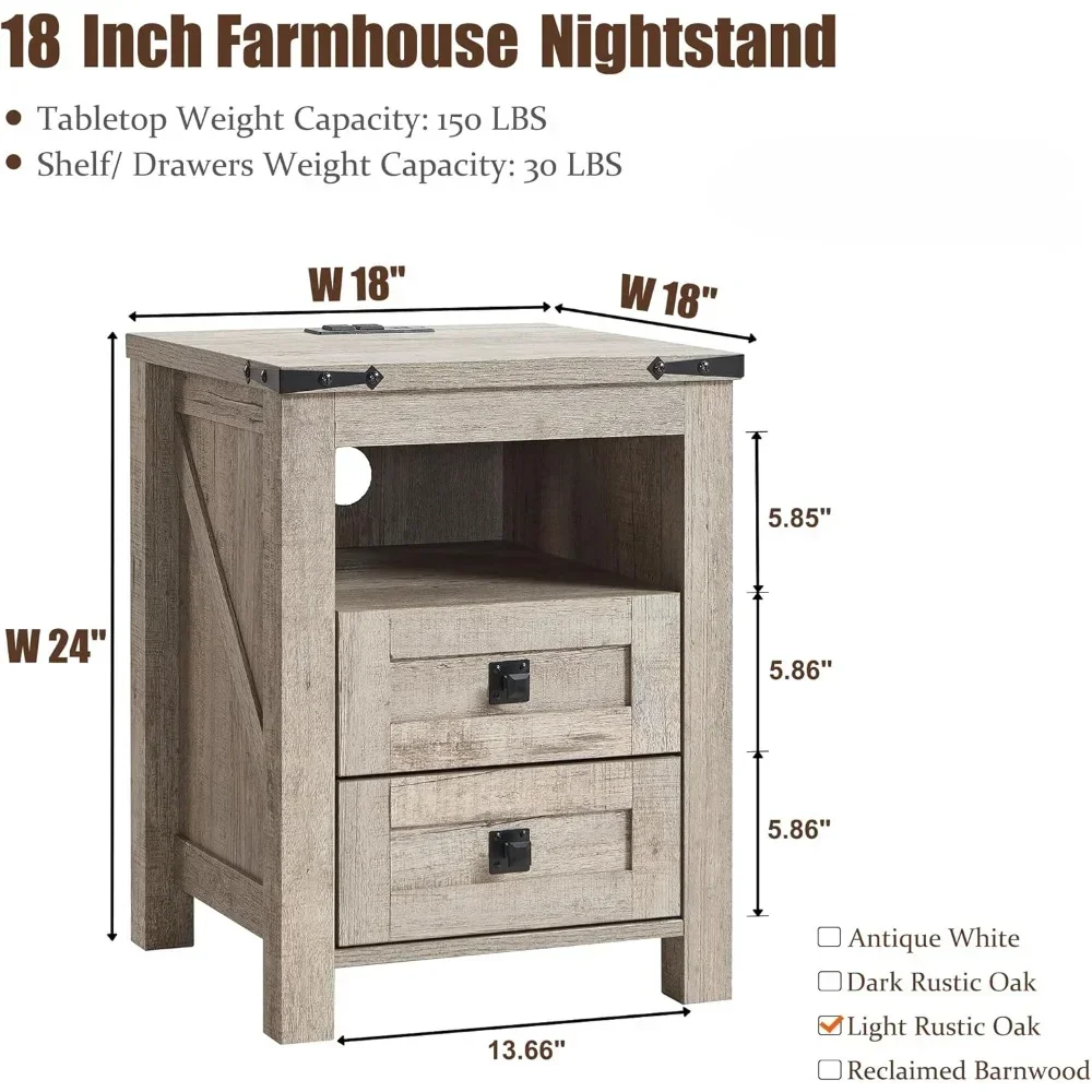 Nightstand wtih Charging Station, End Table, Side Table with 2 Drawers Storage Cabinet for Bedroom, Living Room