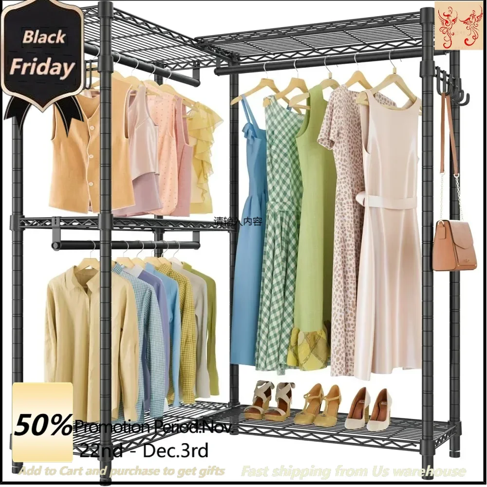 L4 clothes hanger L-shaped hanger corner, self-standing portable wardrobe heavy duty hanger with 3 rails and 2 side hooks