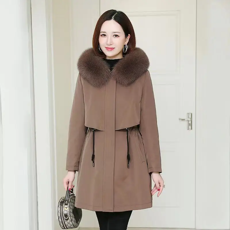 2023 Winter New Women Mid-Length Detachable Fur Parkas Thickened Warm Leisure Fur Collar Coat Fashion Large Size Hooded Outwear