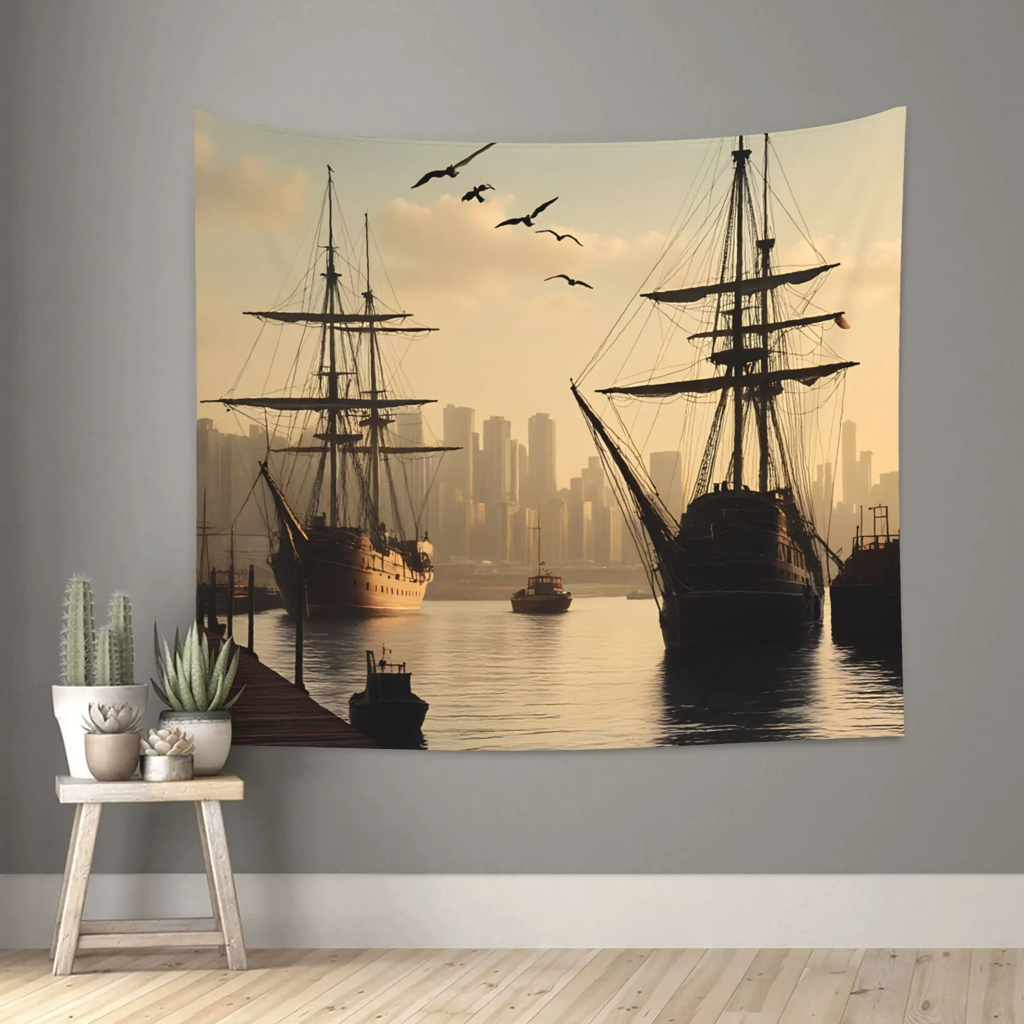 Artistic Tapestry Wall Hanging Featuring Vintage Sailing Vessels Against a Sunset Backdrop with a Contemporary City Skyline, Per
