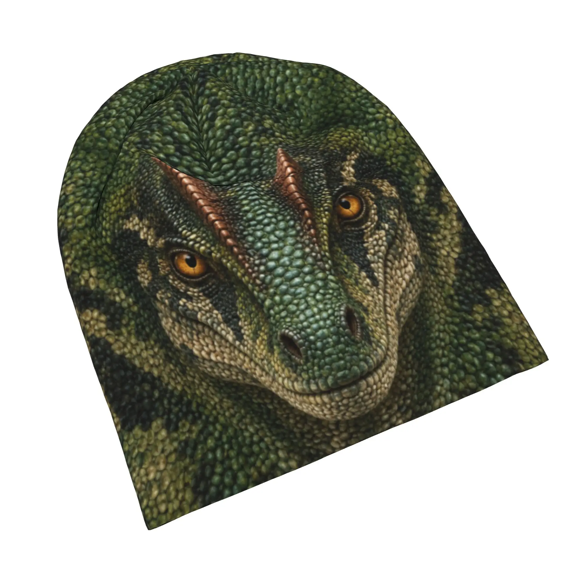 Dinosaur Face Print Beanis Bonnet Hat Dilophosaurus Twin Crest Beanie Soft Slouch Skull Cap for Dinosaur Lover Paleontology Gift