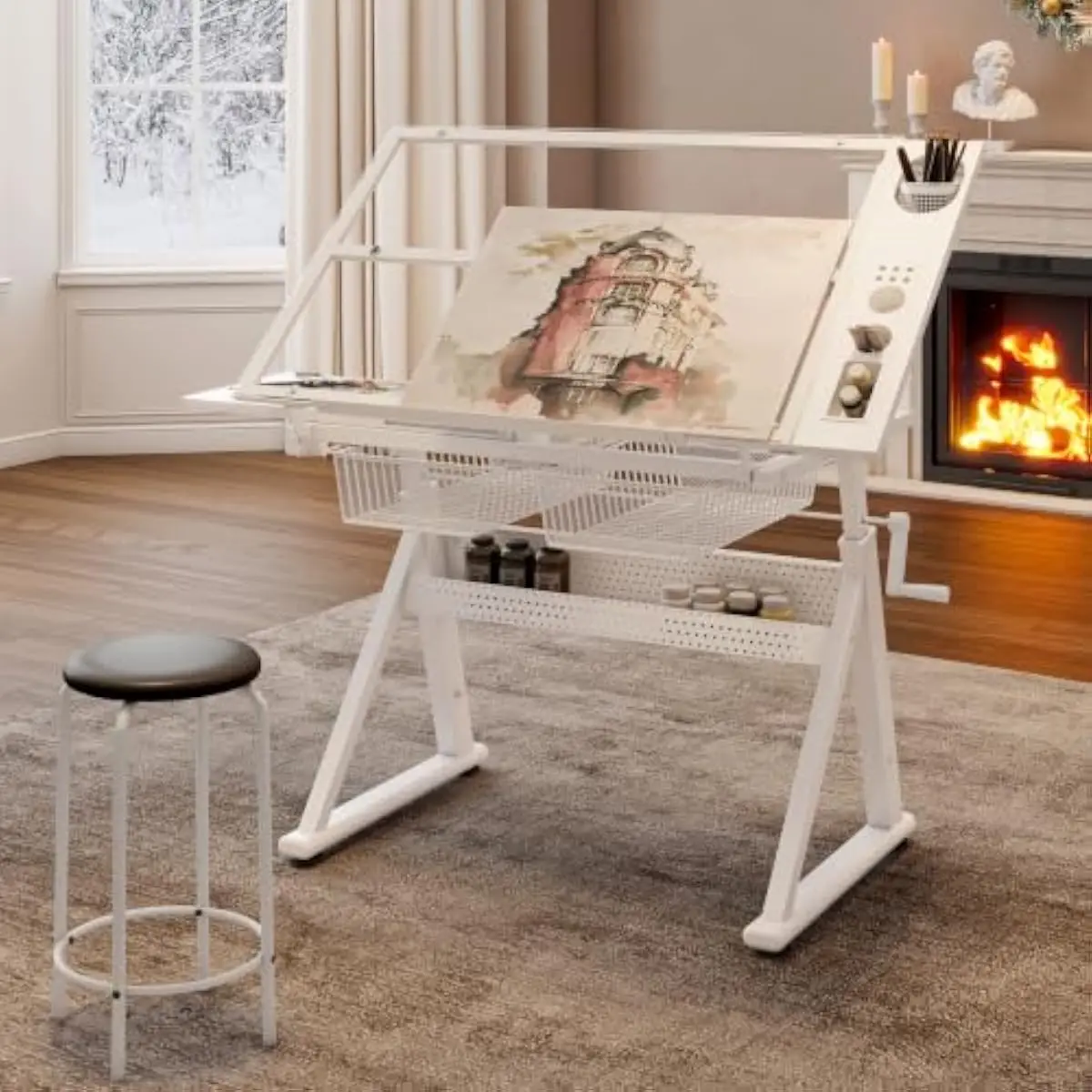 Adjustable Drafting Desk with Tempered Glass Top 39.7x28.3 Inches Modern White Metal Frame Hand Crank Tilt 0-70 Degrees Height R