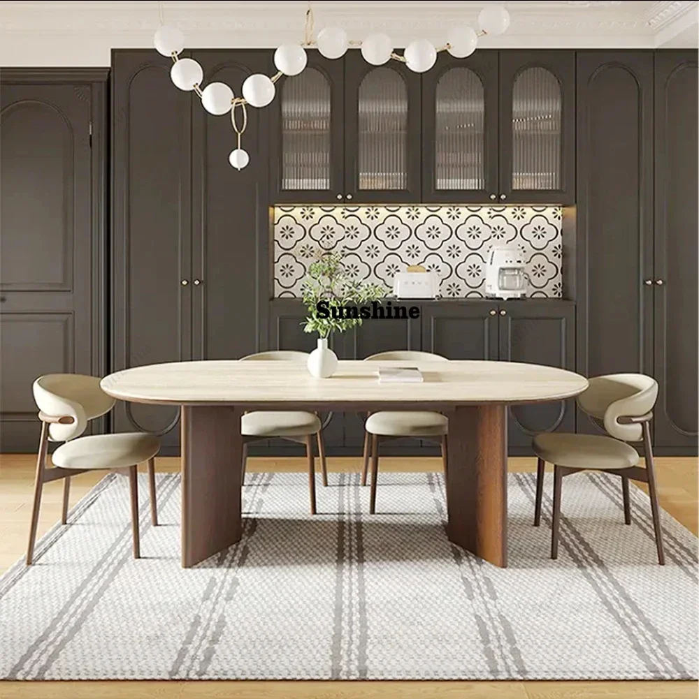 

French Modern Design High-End Dining Table with Mid-Antique Oval Travertine Slate Bamboo Chair Solid Wood Home FurnitureY