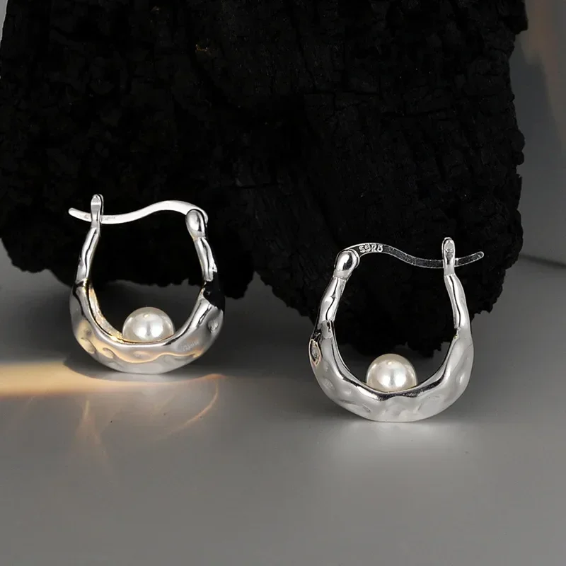 Shell Pearl Hoop Earrings for Woman Silver Colour Jewelry Punk Party Gown Runway Korean Japan