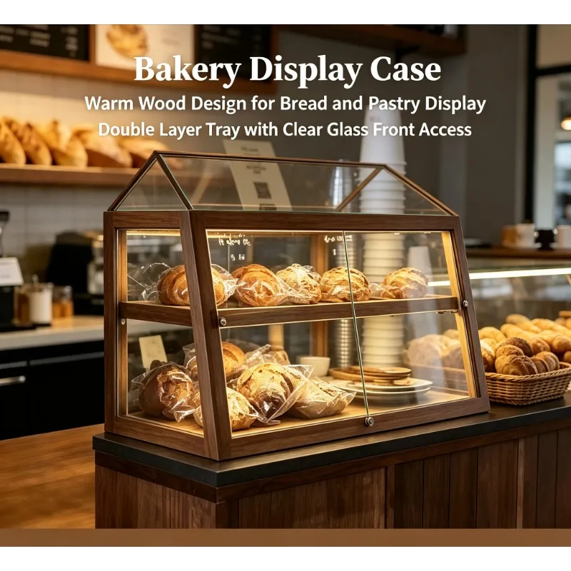 Solid Wood Glass Bakery Display Cabinet Small Front Desk Bar Counter Showcase for Cake Coffee Shop Pastry Dessert Bread
