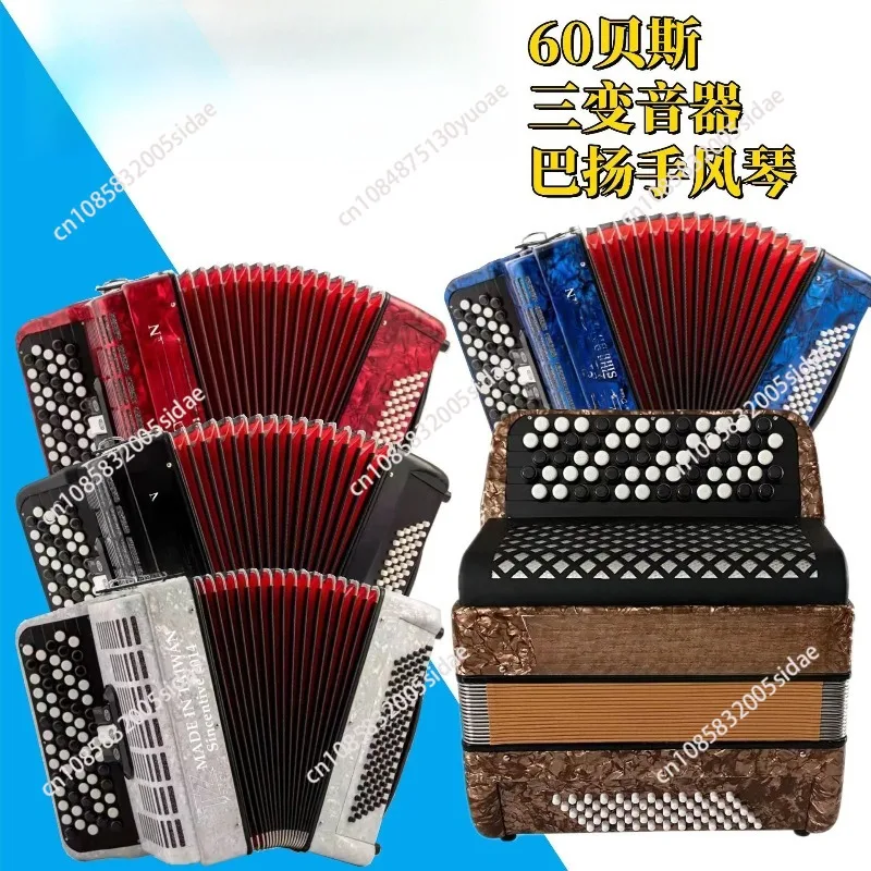 60 Bass Bayan Accordion Button-Type Beginner Graded Professional Accordion Three-Tone Harmonica