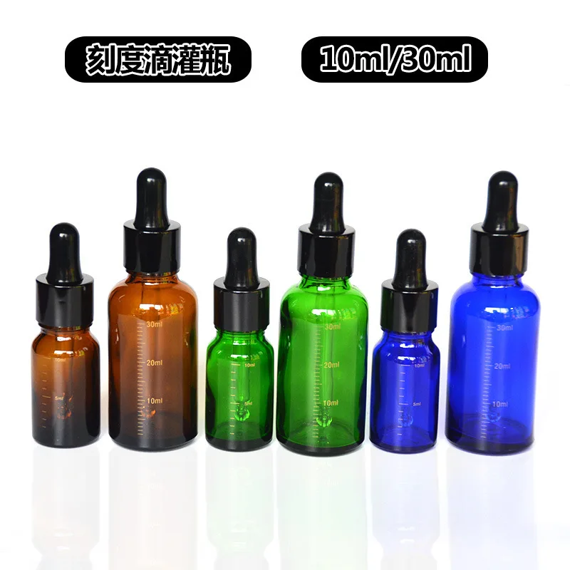 10ml Dropper Bottles with Scale Reagent Drop Amber Blue Green Glass Aromatherapy Liquid Pipette Bottle Refillable