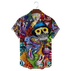 Summer Short Sleeved Shirt Casual Button Up Collar Top Loose Digital Printed Shirt Vacation Men's Wear 2025