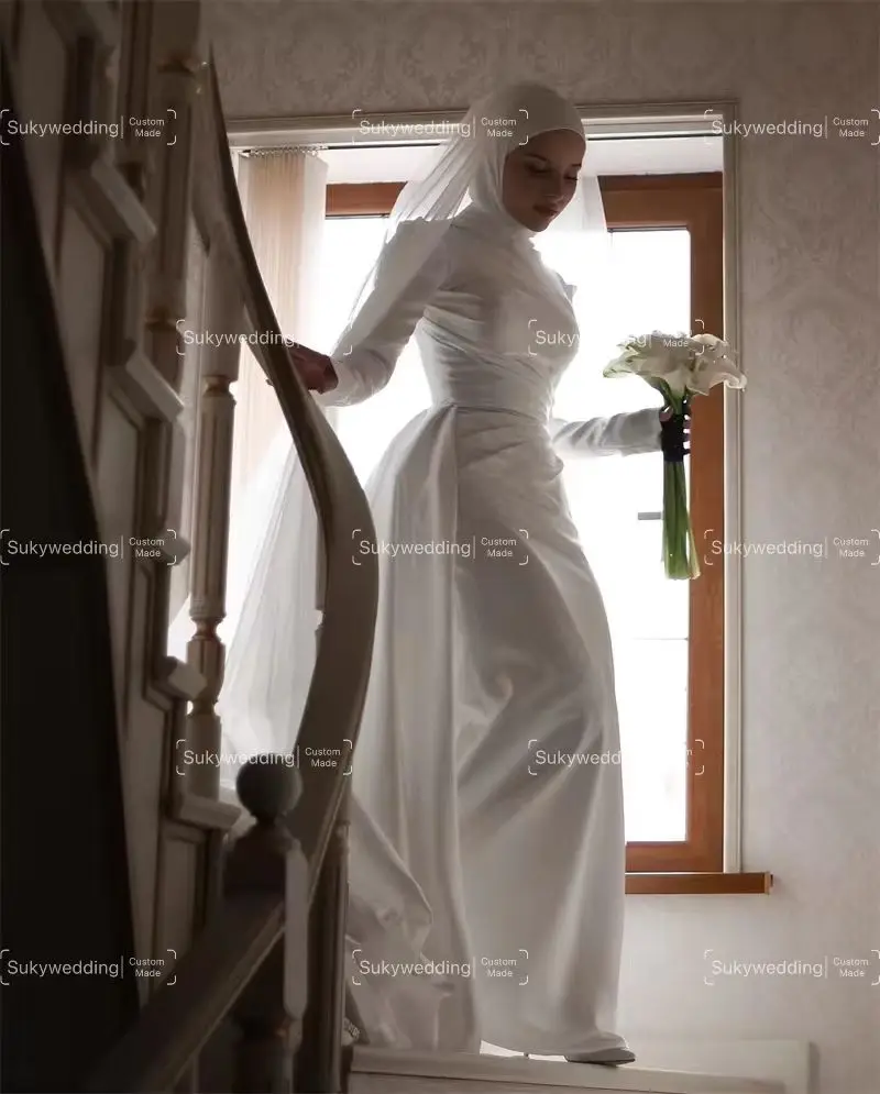 Modest Arabic Muslim Wedding Dresses Long Sleeves High Neck Silk Satin Bridal Gowns Back Train Formal Evening Dresses