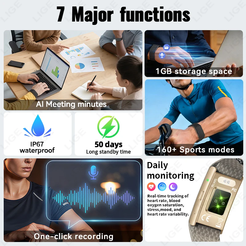 New Audio Recording Smart Wristband No Screen Smartwatch HeartRate Blood Pressure Health One Key Monitoring Sport Smart Bracelet