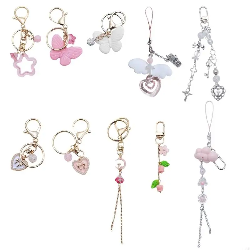 F2TD DIY Handmade Cute Phone Charm Y2K Women Five-pointed Star Pendant Bowknot Loves Lanyard Star Bead Keychain Accessories