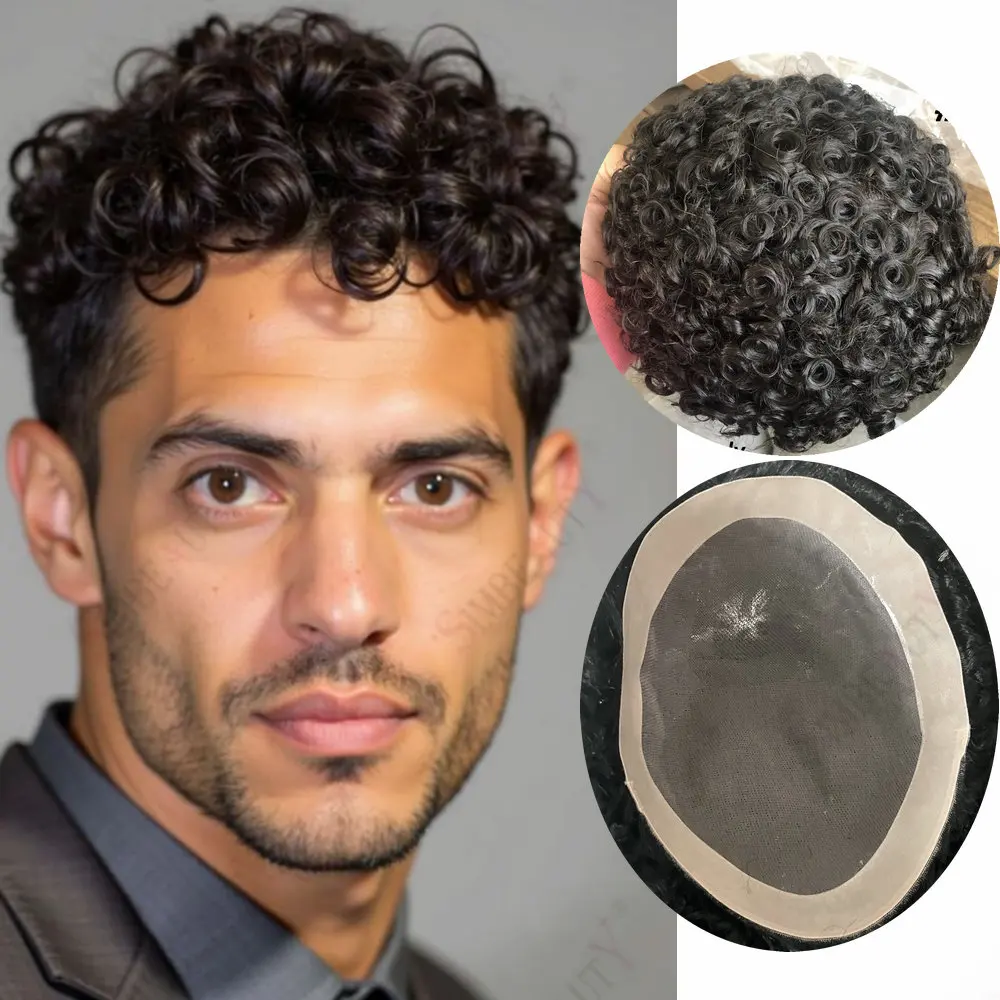 

18mm Curly Men's Wig Brown Black Real Human Hair 12mm 15mm Afro Kinky Curly Toupee Super Durable Fine Mono NPU System Prosthesis
