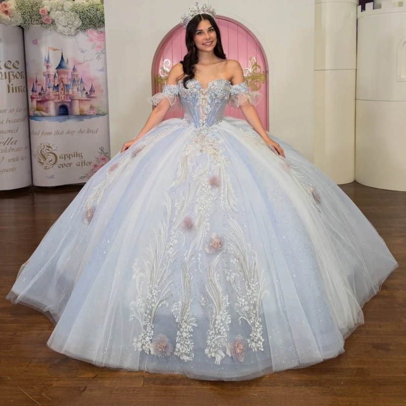 

Light Blue Shiny Ball Gown Quinceanera Dresses Applique Flower Beading Crystal Bow Tiered Tull Corset Off The Shoulder Sweet 16