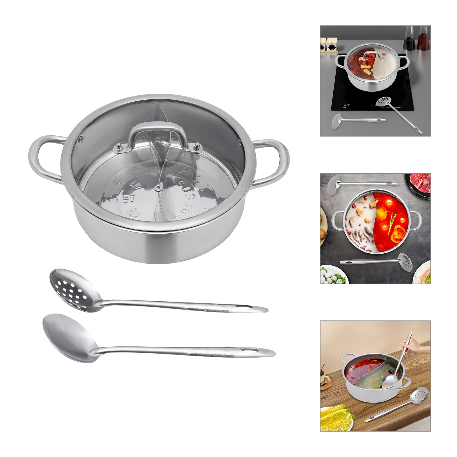 11-inch 304 Stainless Steel Divided Pot – Dual-Compartment Hot Pot with Soup Spoon & Strainer