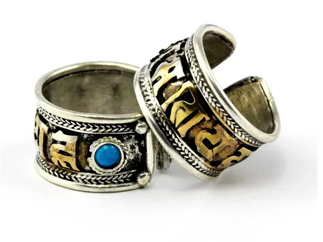 R056 Tibetan Rings Mantras Amulet for Man Golden OM MANI PAD ME HUM Six Words